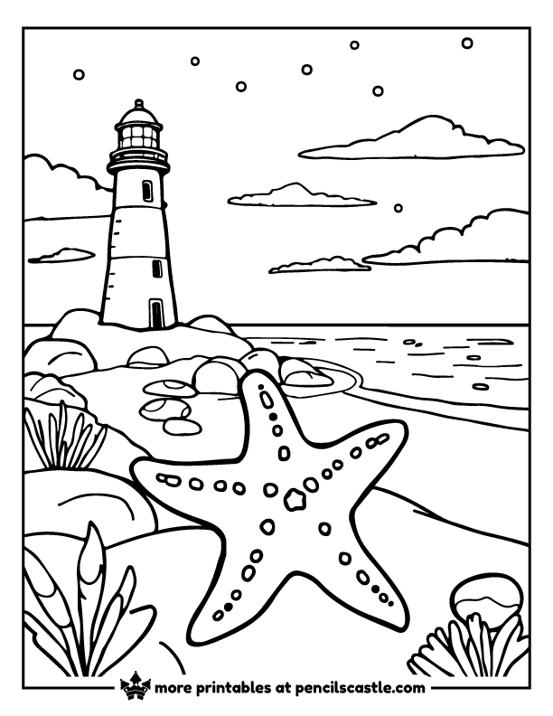 Starfish on the beach with a lighthouse and clouds coloring sheet