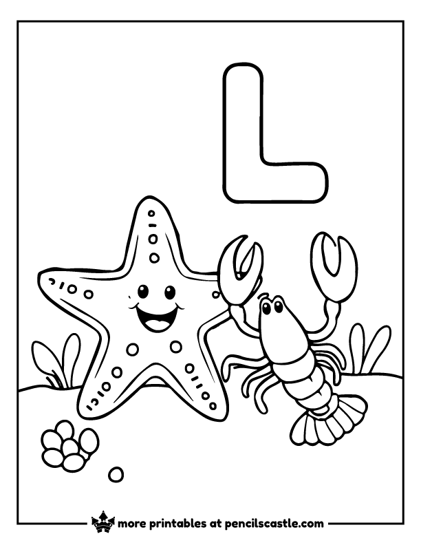 Starfish playing with a lobster in the ocean near the letter 'L' coloring sheet