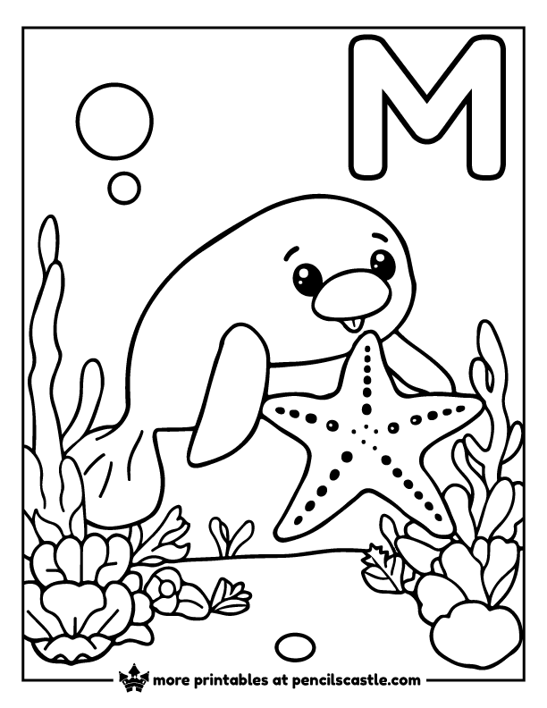 Starfish meeting a manatee on the ocean bottom with the letter 'M' coloring page