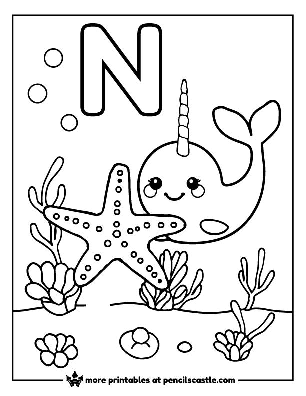 Starfish floating near a friendly narwhal with the letter 'N' coloring sheet