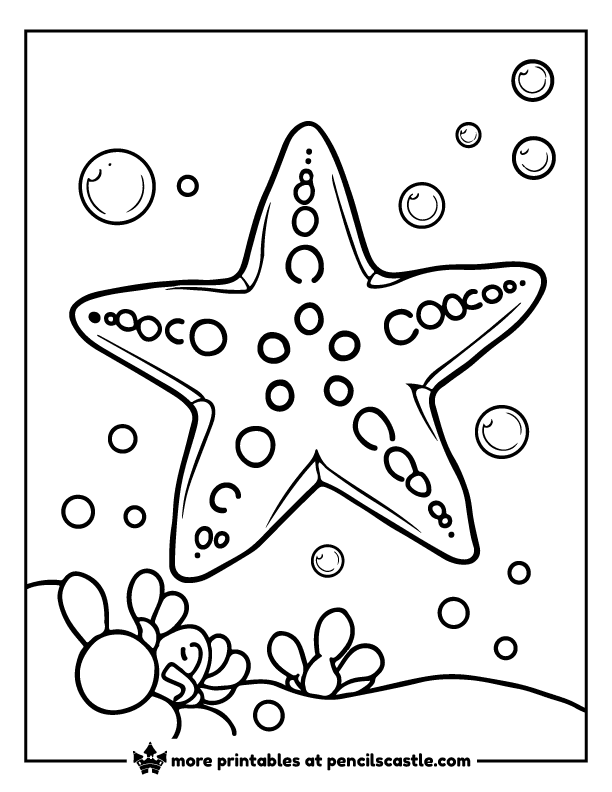 Starfish surrounded by sea bubbles underwater coloring page