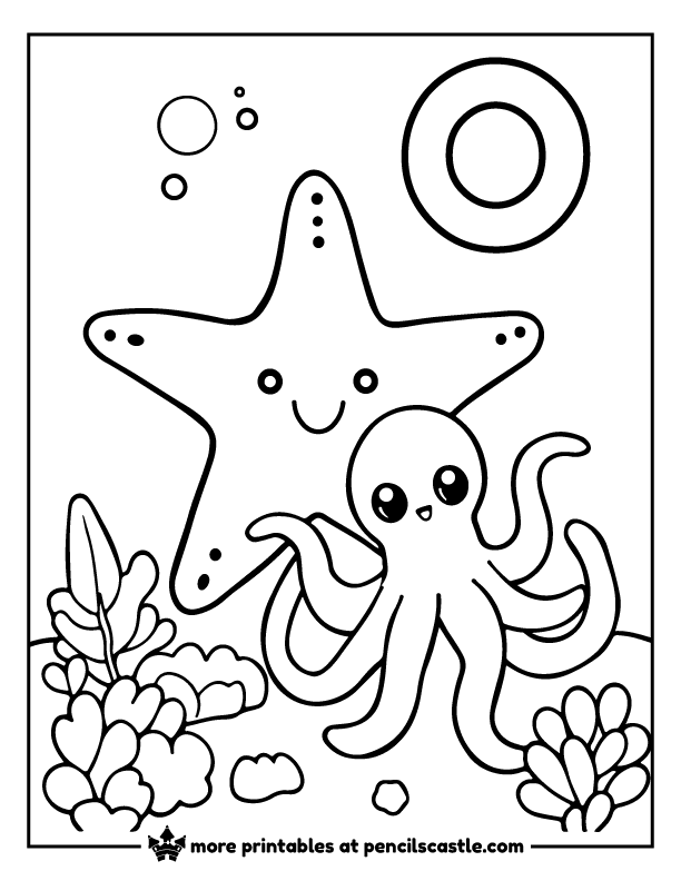Starfish behind an octopus friend with the letter 'O' coloring page