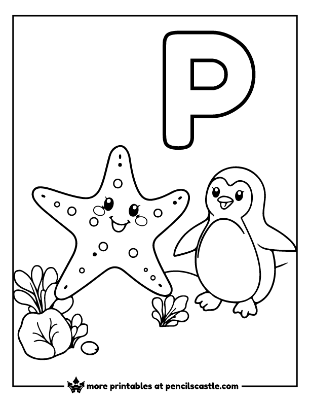 Starfish playing with a penguin near the letter 'P' coloring sheet