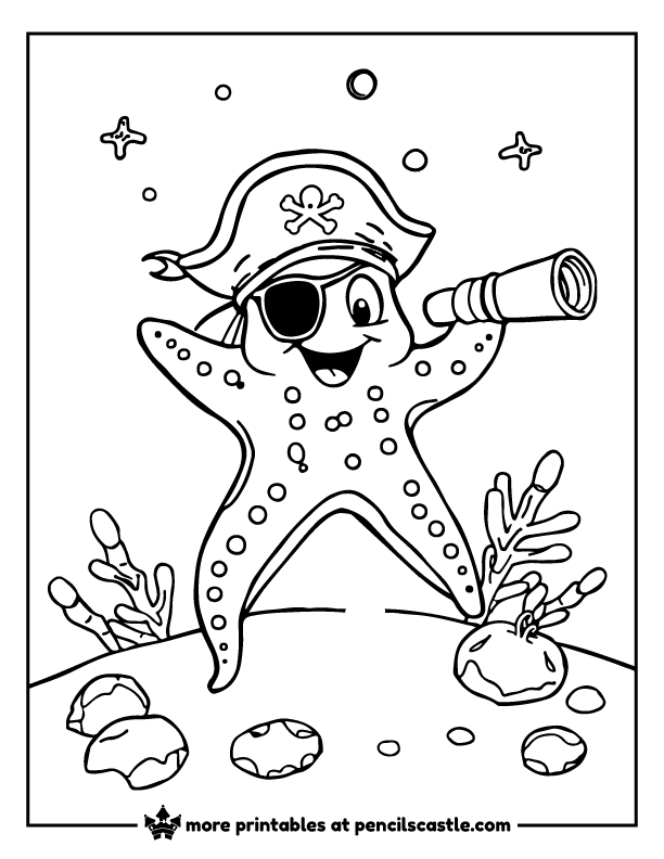 Pirate starfish wearing a hat and an eyepatch, holding a telescope coloring page