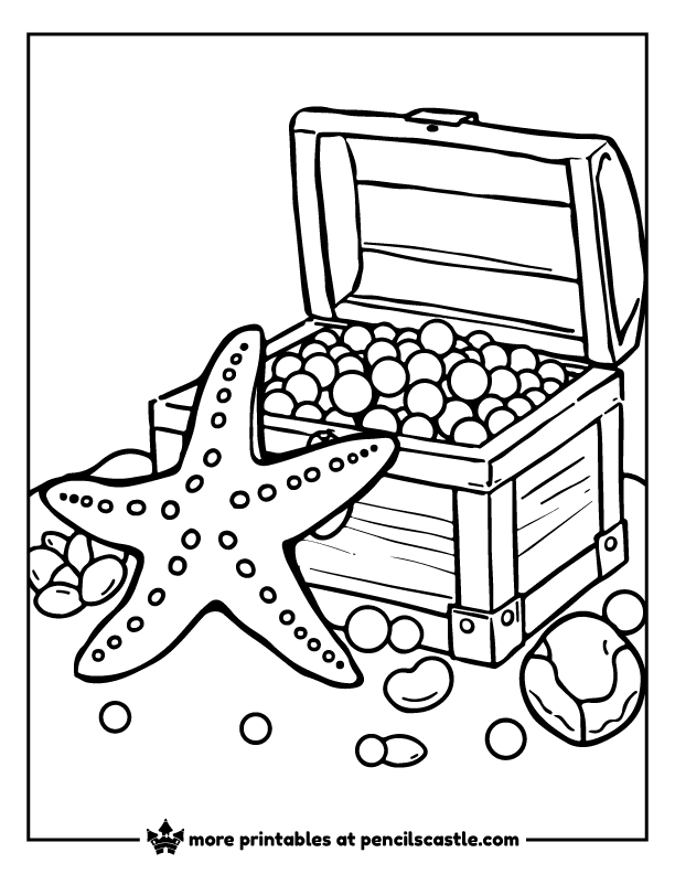 Starfish next to a treasure chest filled with pearls coloring page