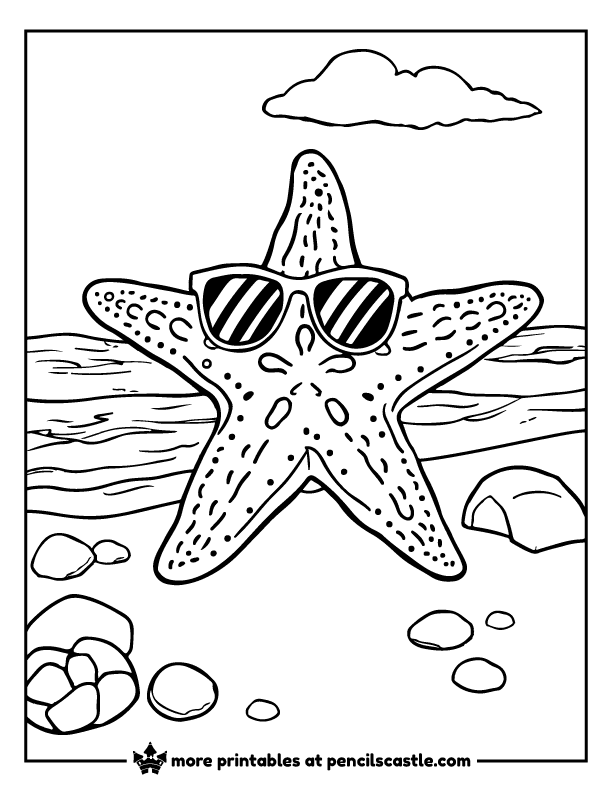 Cute starfish wearing sunglasses on a summer beach coloring sheet