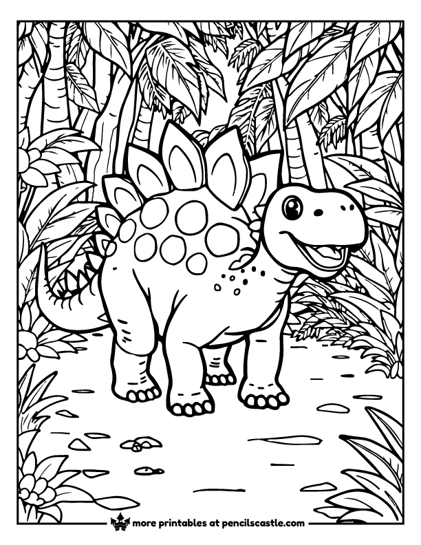 Stegosaurus walking through the jungle coloring page