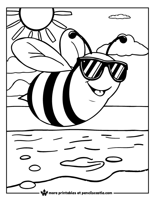 bee wearing sunglasses enjoying the sunny beach coloring page