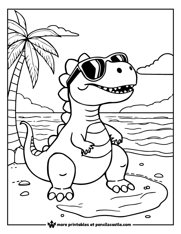 dinosaur wearing sunglasses and relaxing at the beach with a palm tree coloring page