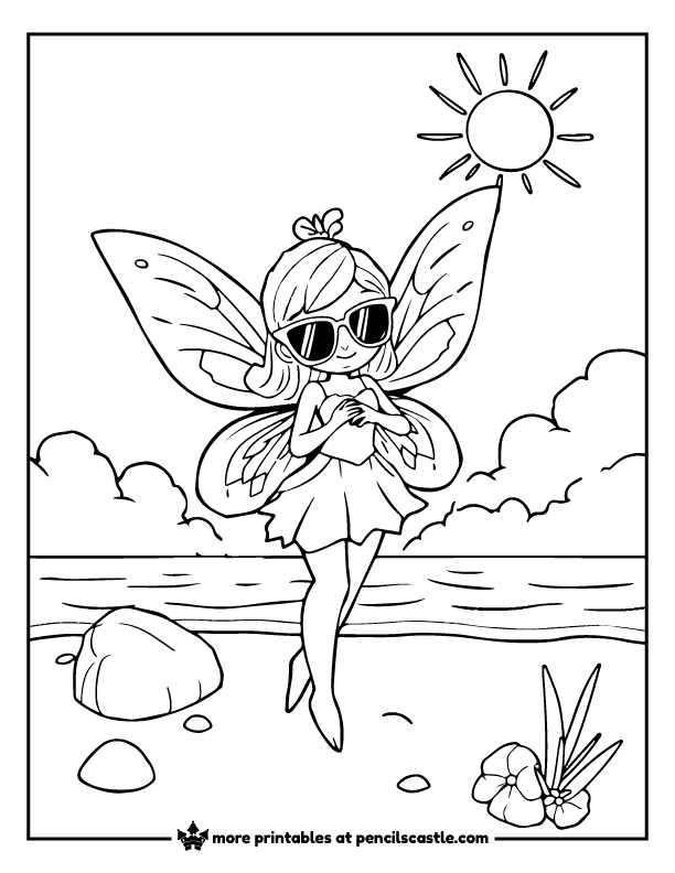 fairy wearing sunglasses on a beach with sun coloring page