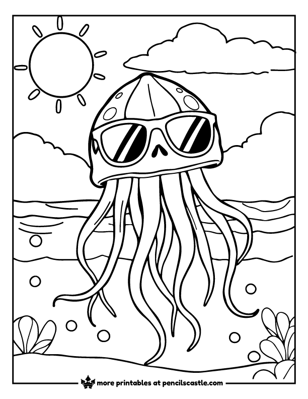 Jellyfish in sunglasses relaxing at  the sunny beach coloring page