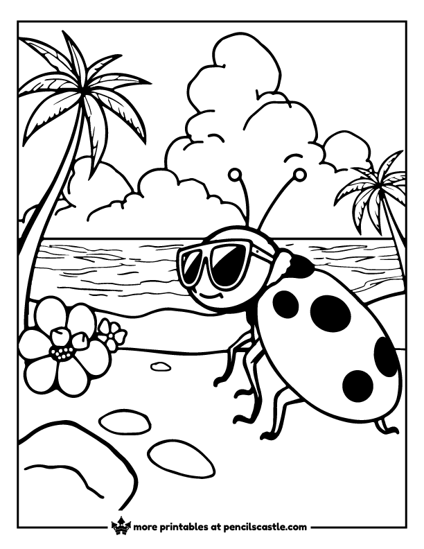 Ladybug with sunglasses relaxing at the beach coloring sheet