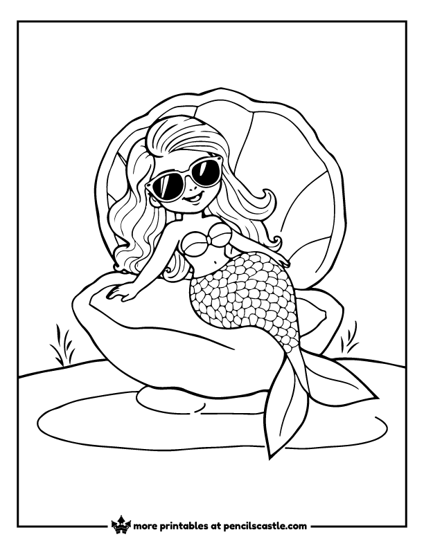 mermaid wearing sunglasses relaxing in a seashell coloring sheet