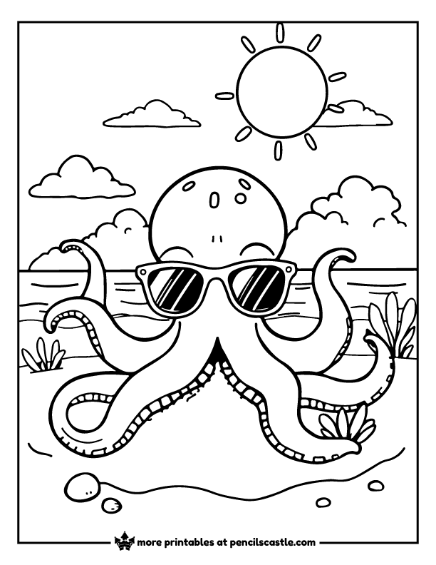 Octopus in sunglasses relaxing at a sunny beach coloring sheet