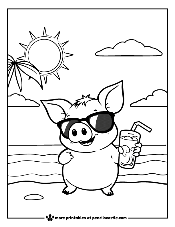 pig in sunglasses holding a drink on a beach with a palm tree under the sun and clouds coloring page