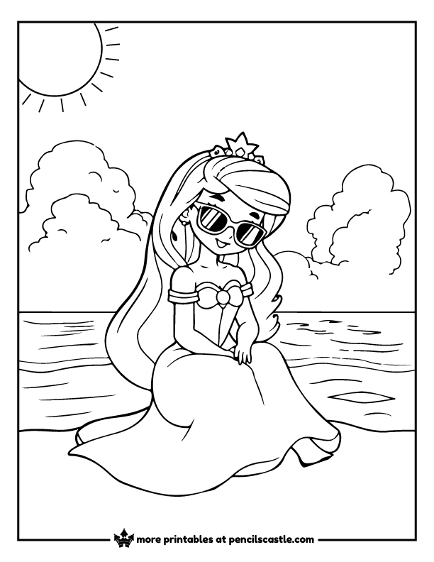 Princess wearing sunglasses, relaxing at the sunny beach coloring page