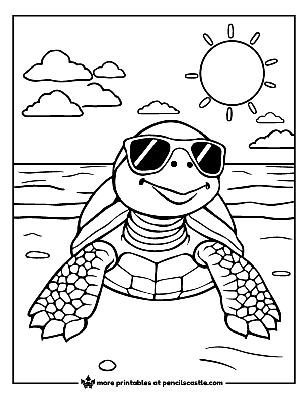 Turtle in sunglasses relaxing at the sunny beach coloring sheet