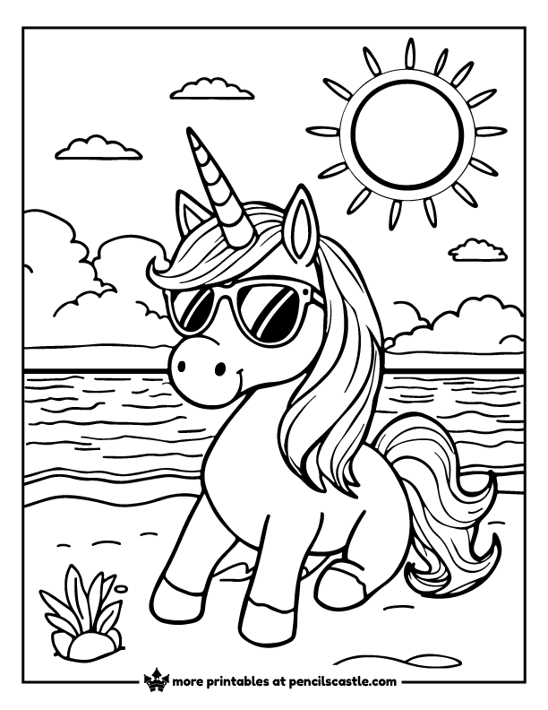 unicorn with sunglasses enjoying a beach day under the sun coloring page