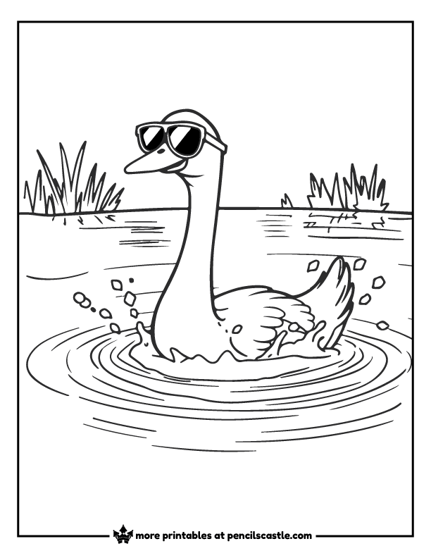 goose wearing sunglasses and swimming in the water with ripples and reeds coloring page