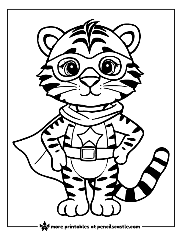 Cartoon tiger wearing a flowing red cape and a mask coloring page