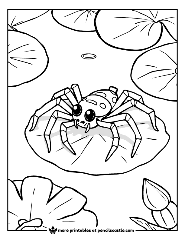 spider floating on a lily pad in a pond coloring page