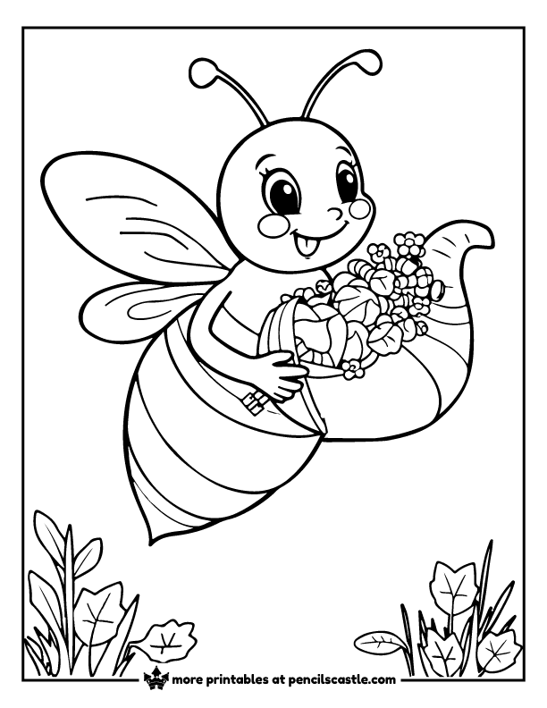 bee holding a cornucopia full of autumn goodies coloring page