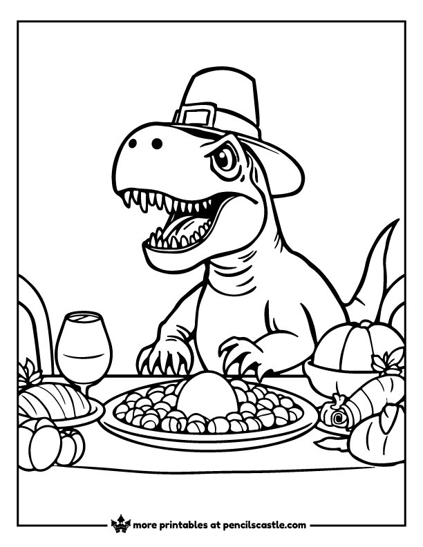 dinosaur in a pilgrim hat sitting at a thanksgiving dinner table coloring page