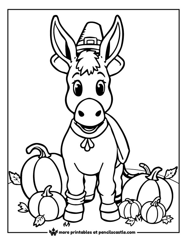donkey wearing a pilgrim hat and a cape surrounded by pumpkins coloring page