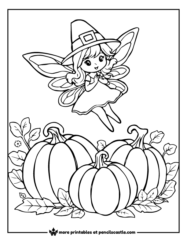 fairy wearing a pilgrim hat fluttering above pumpkins coloring page