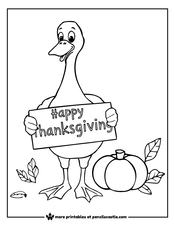goose holding a 'Happy Thanksgiving' sign with a pumpkin and fall leaves coloring page