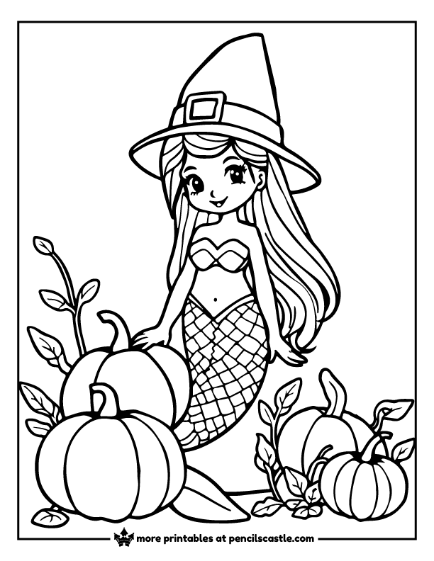 mermaid in a pilgrim hat with pumpkins coloring sheet