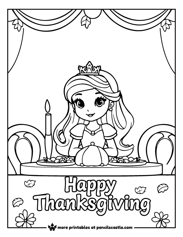Princess sitting at a dinner table with 'Happy Thanksgiving' text coloring page