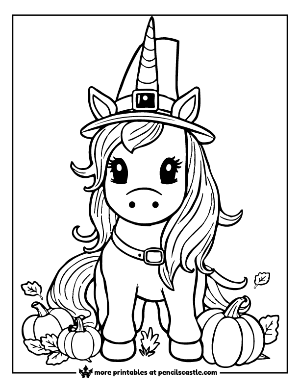 unicorn wearing a pilgrim hat with autumn leaves and pumpkins coloring page