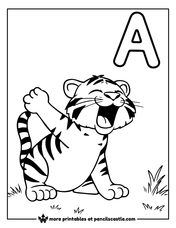 Tiger stretching and yawning after waking up with the letter 'A' coloring page