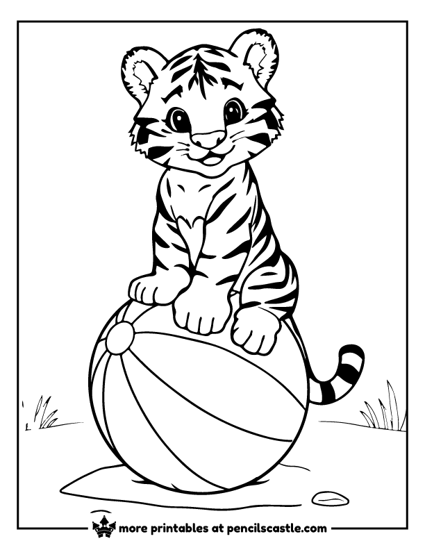 Funny tiger cub balancing on a beach ball coloring page
