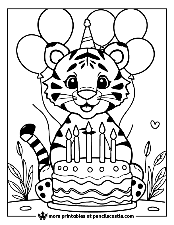 Festive tiger sitting next to a birthday cake and balloons coloring sheet