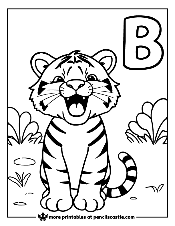 Brave roaring tiger cub next to letter B coloring sheet