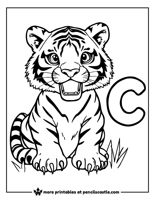 Tiger highlighting its sharp claws with the letter 'C' coloring page