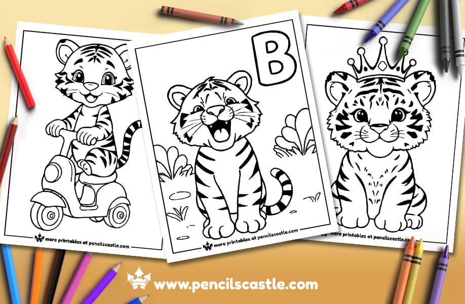 three tiger coloring pages surrounded by colored pencils and crayons
