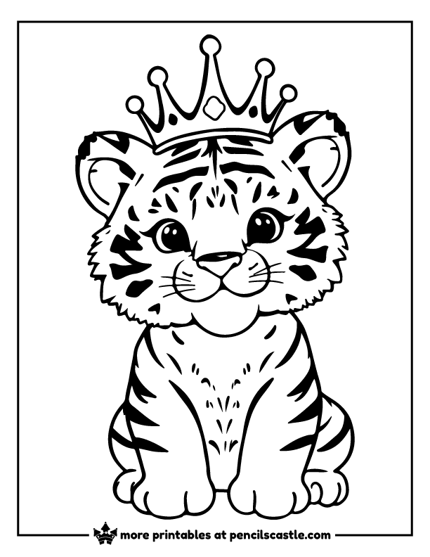 Silly tiger cub dressed up with a crown coloring sheet