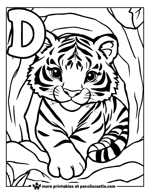 Tiger curled up in its den with the letter 'D' coloring sheet