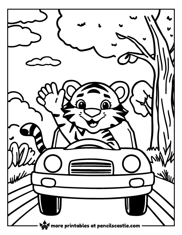 smiling cartoon tiger driving a car down a road and waving coloring page