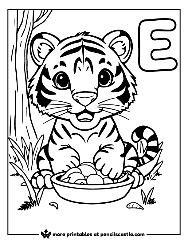Cute tiger sitting and eating a meal next to letter E coloring page