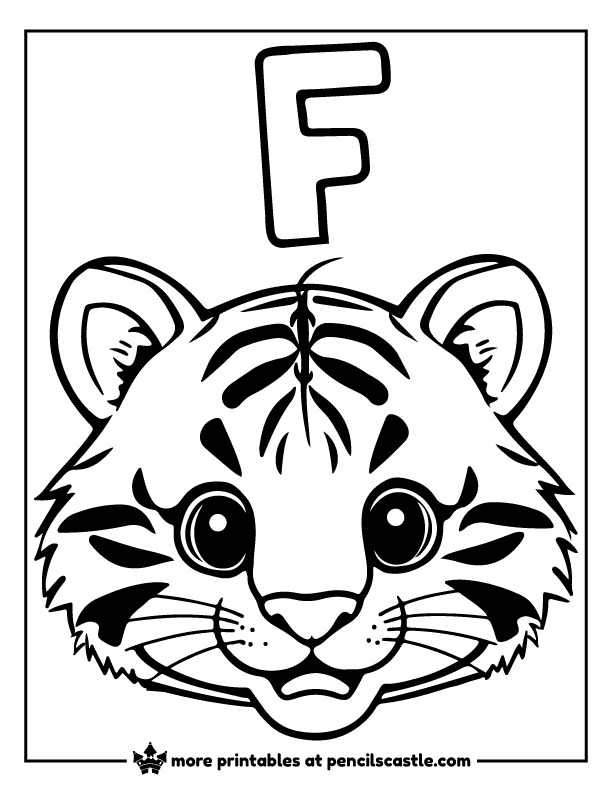 Tiger cub face next to letter F coloring sheet