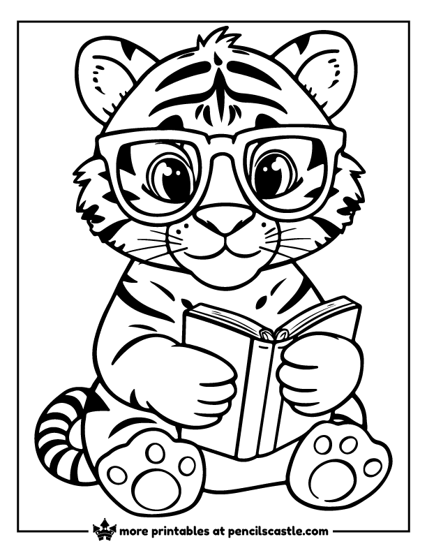 Tiger wearing oversized reading glasses and holding a book coloring page