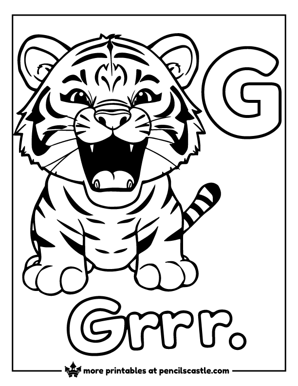 Cartoon tiger growling with its mouth open, alongside letter 'G' and the word 'Grrr' coloring page