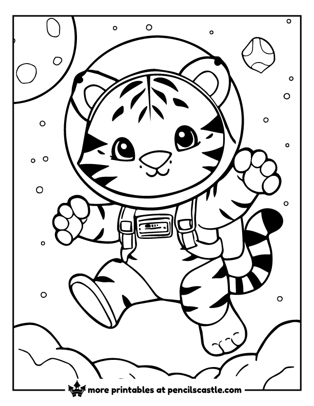 fantasy tiger wearing a helmet and floating among stars and planets coloring sheet