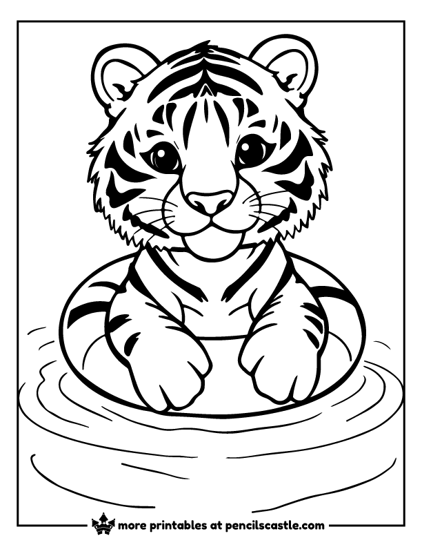 Relaxed tiger wearing a flotation ring in the water coloring sheet