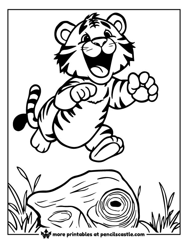 Energetic cartoon tiger leaping over a piece of wood coloring page
