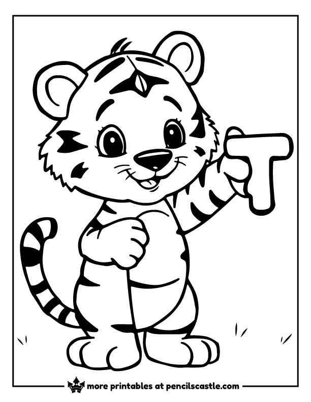 Smiling tiger cub holding the letter T coloring sheet